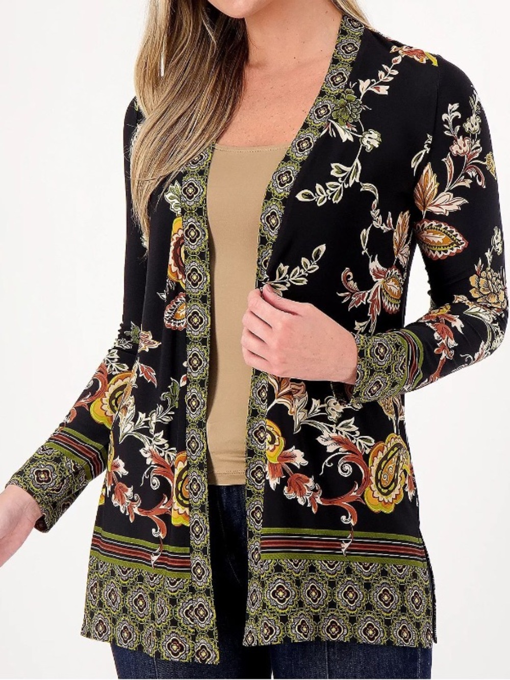 Susan Graver Black Spice Printed Liquid Knit Long Sleeve Cardigan